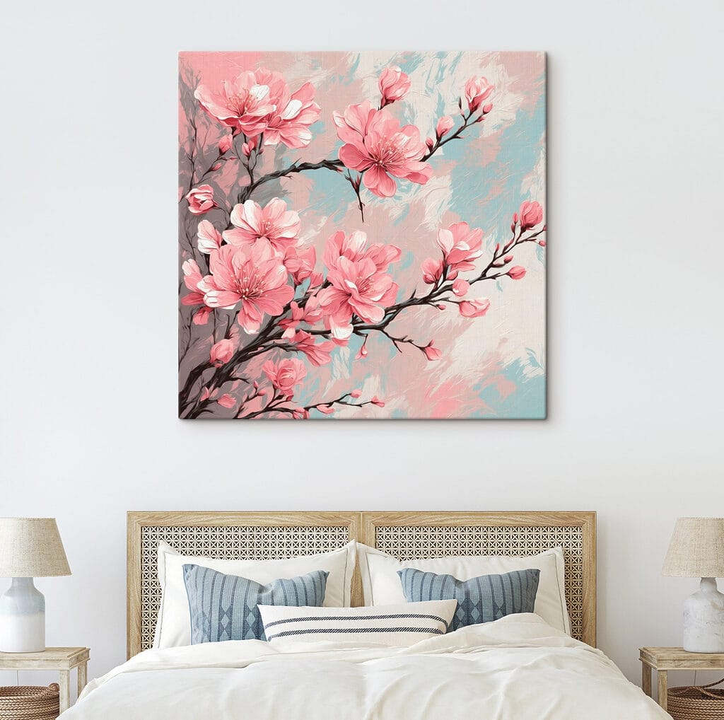Painting of pink flowers on a branch