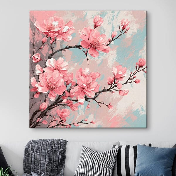 Painting of pink flowers on a branch