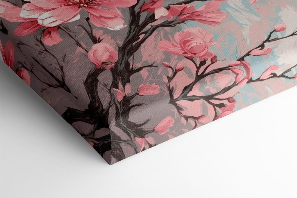 Painting of pink flowers on a branch