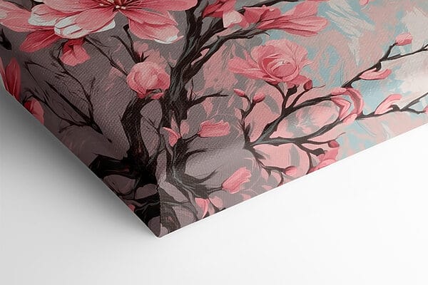 Painting of pink flowers on a branch