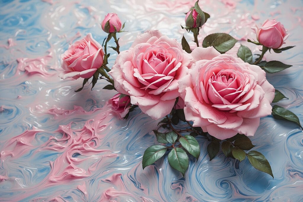 Group of pink roses on a blue and white surface Group of pink roses on a blue and white surface