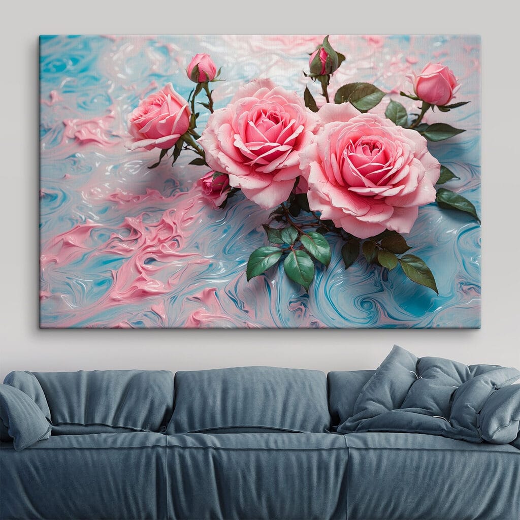 Group of pink roses on a blue and white surface Group of pink roses on a blue and white surface