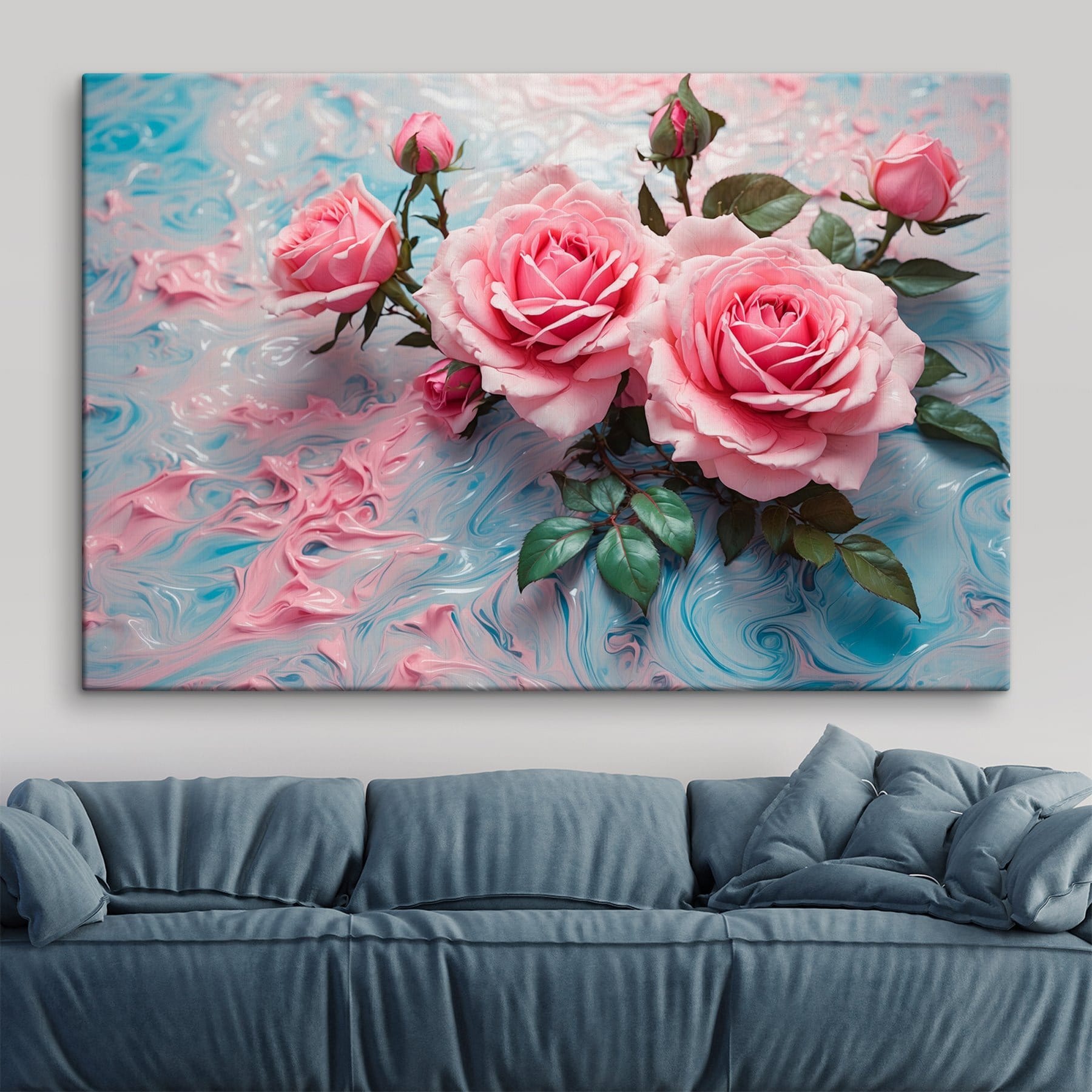 Group of pink roses on a blue and white surface Group of pink roses on a blue and white surface