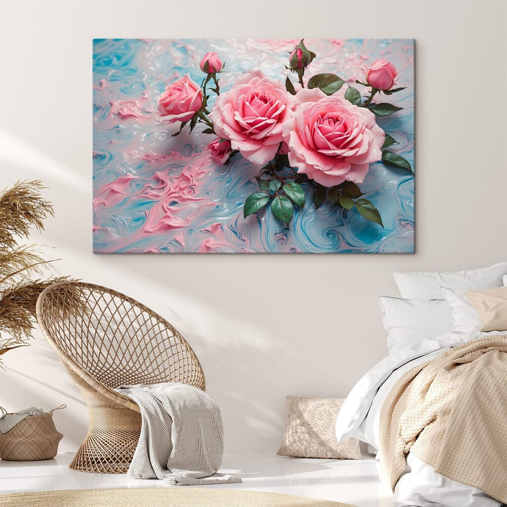 Group of pink roses on a blue and white surface Group of pink roses on a blue and white surface