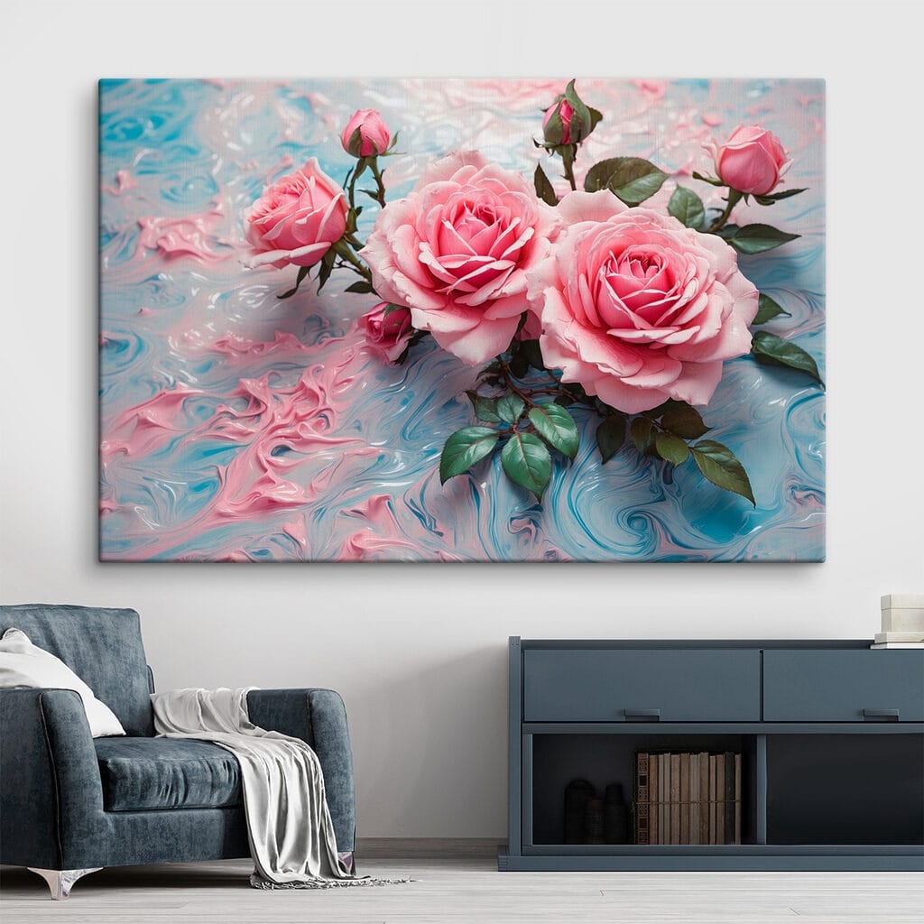 Group of pink roses on a blue and white surface Group of pink roses on a blue and white surface