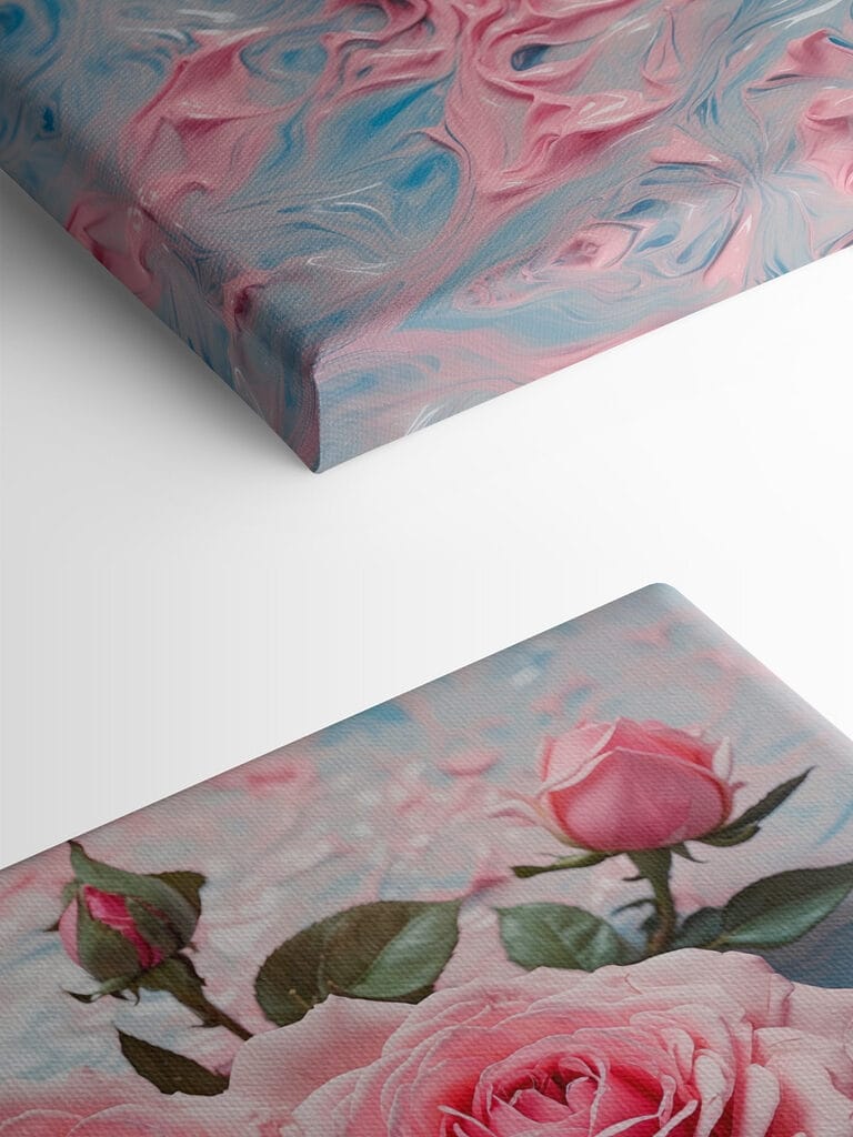 Group of pink roses on a blue and white surface Group of pink roses on a blue and white surface