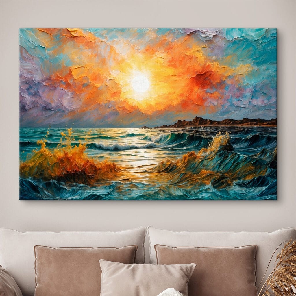 Painting of a sunset over a body of water Painting of a sunset over a body of water