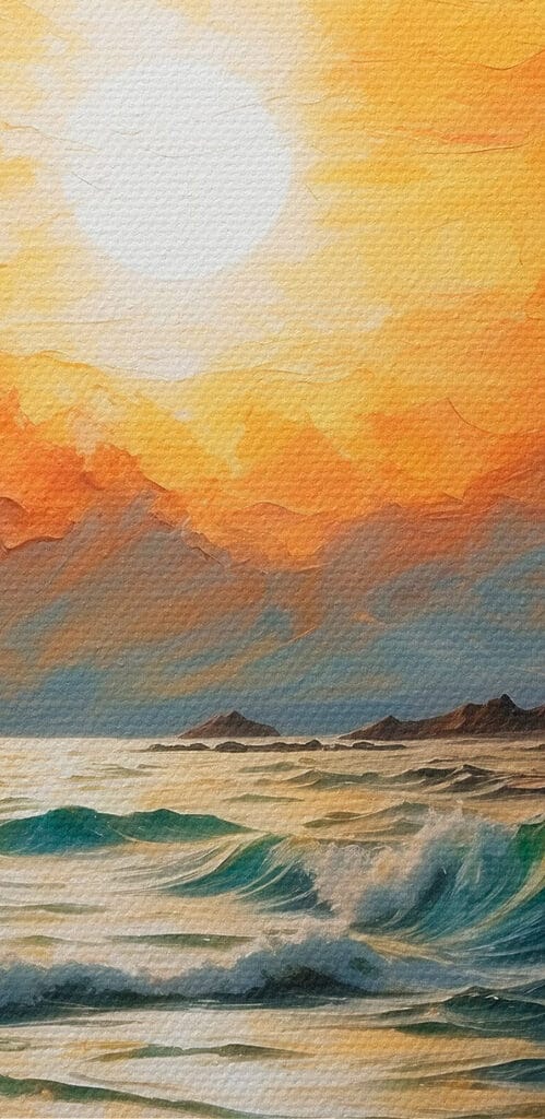 Painting of a sunset over a body of water Painting of a sunset over a body of water
