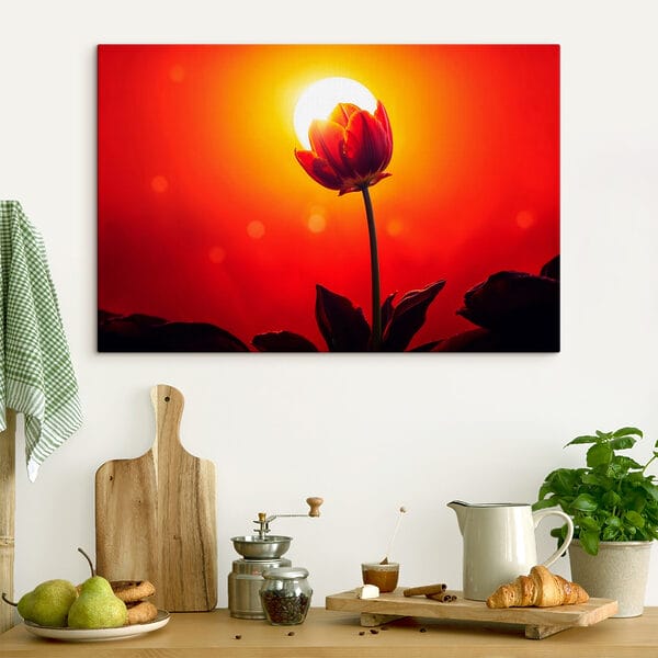 Červený tulipán a slnko za ním Červený tulipán a slnko za ním