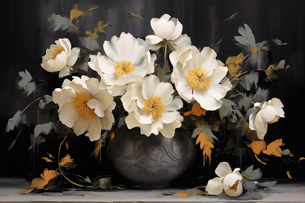 Painting of white flowers in a vase Painting of white flowers in a vase