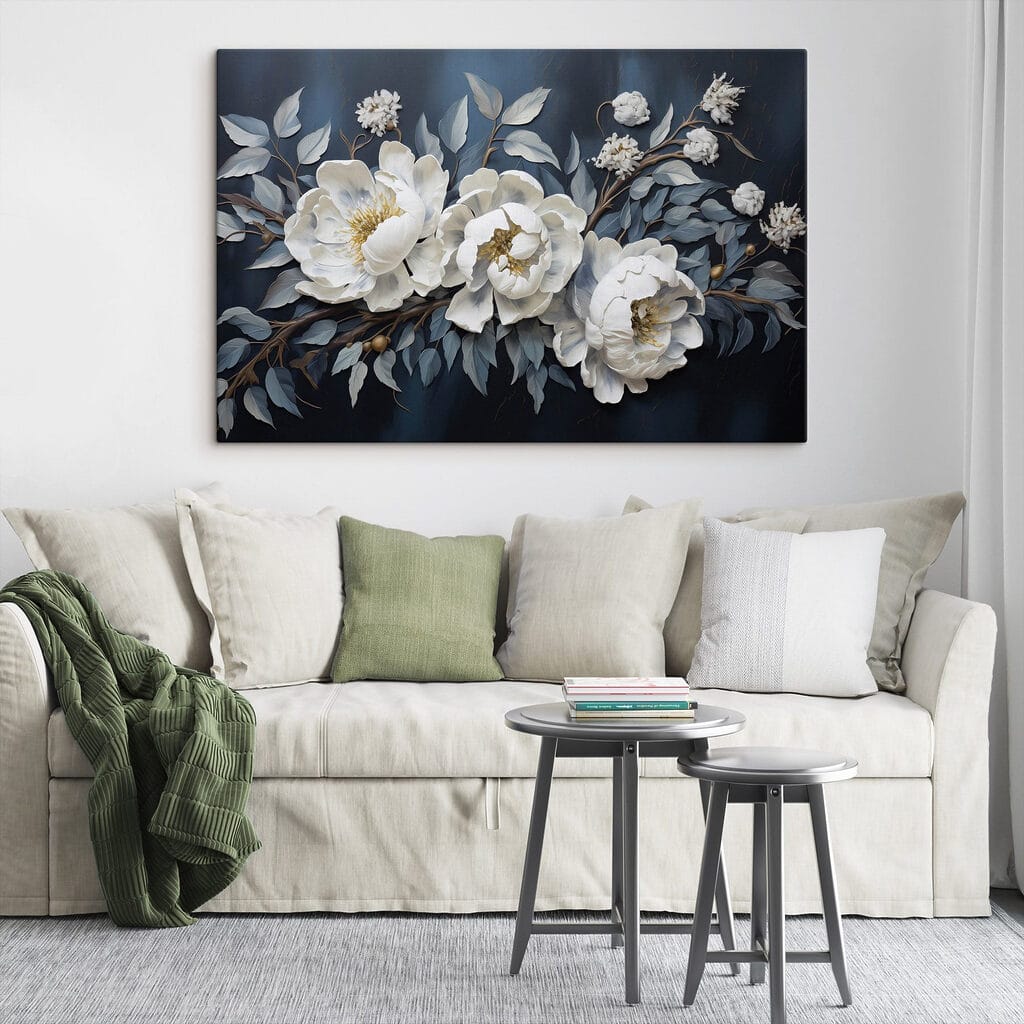 White flowers and leaves on a blue background White flowers and leaves on a blue background