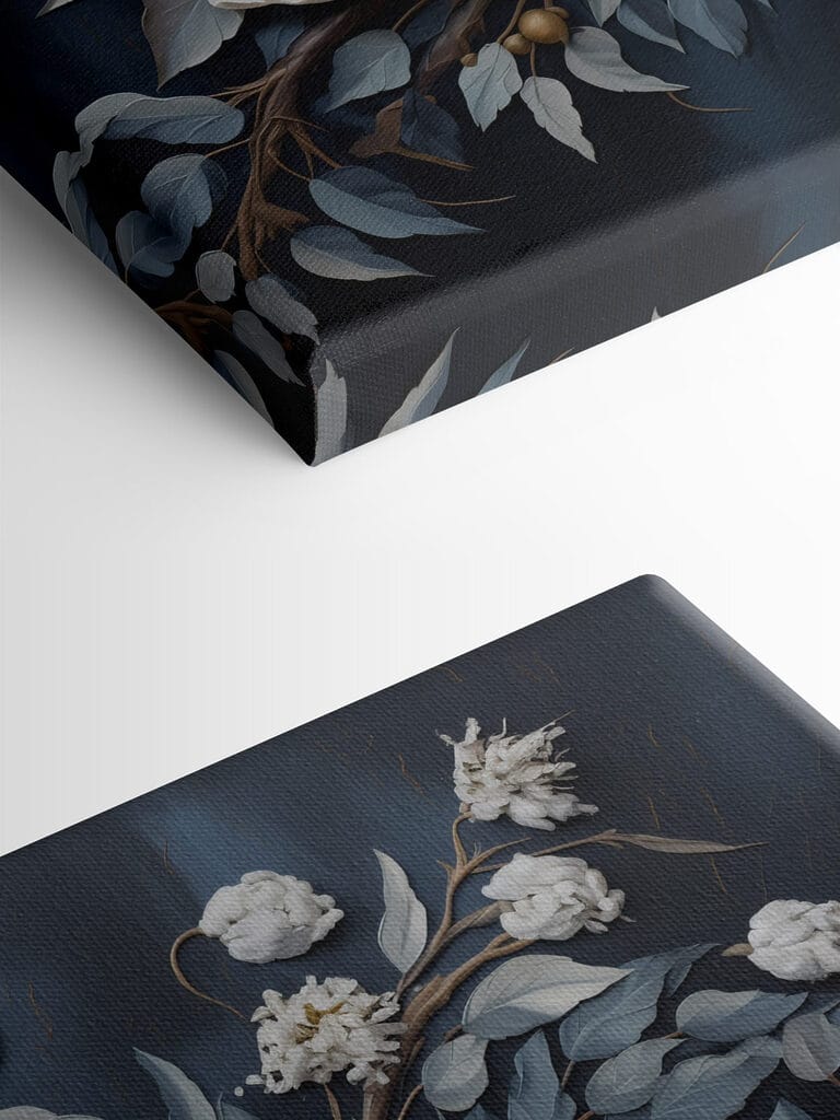 White flowers and leaves on a blue background White flowers and leaves on a blue background