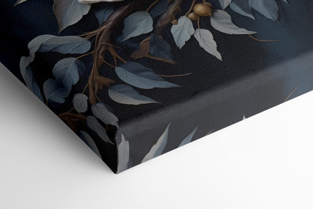 White flowers and leaves on a blue background White flowers and leaves on a blue background