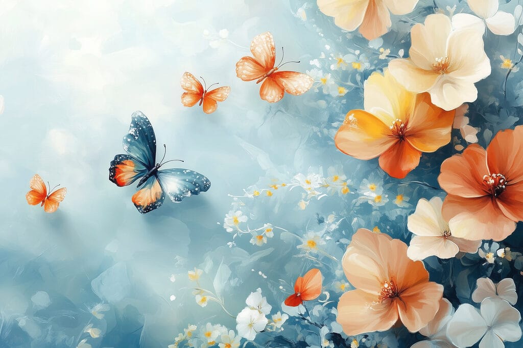 Butterflies and flowers on a blue background Butterflies and flowers on a blue background