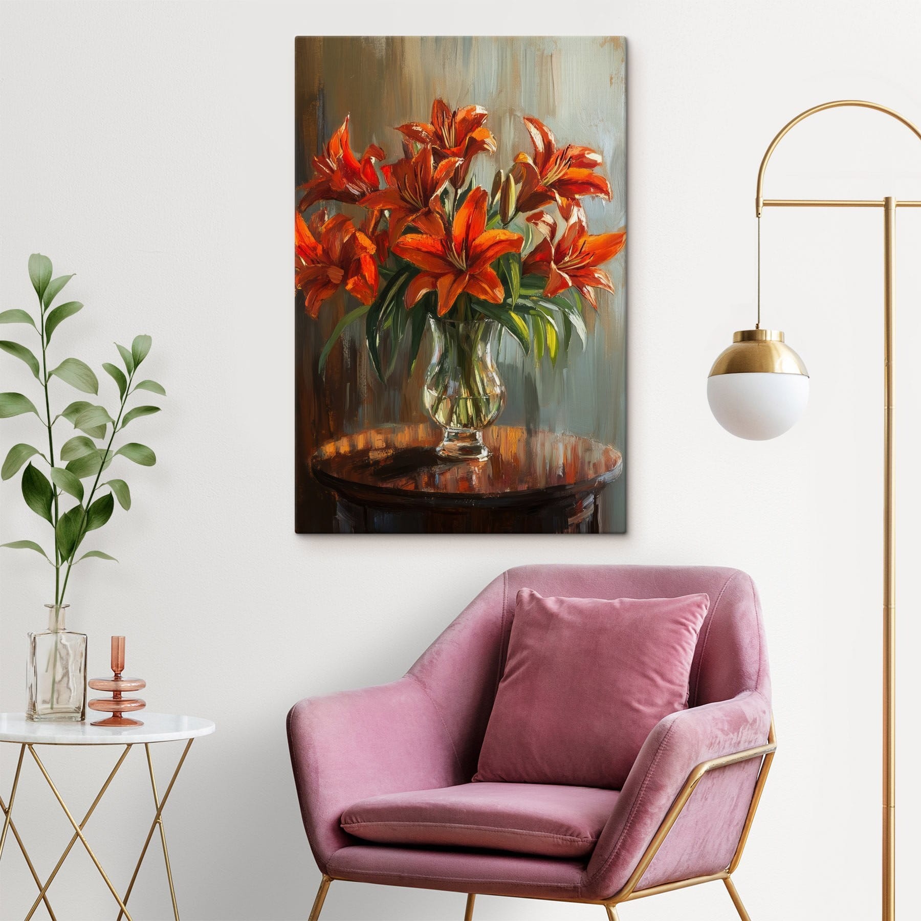 Painting of orange flowers in a glass vase Painting of orange flowers in a glass vase