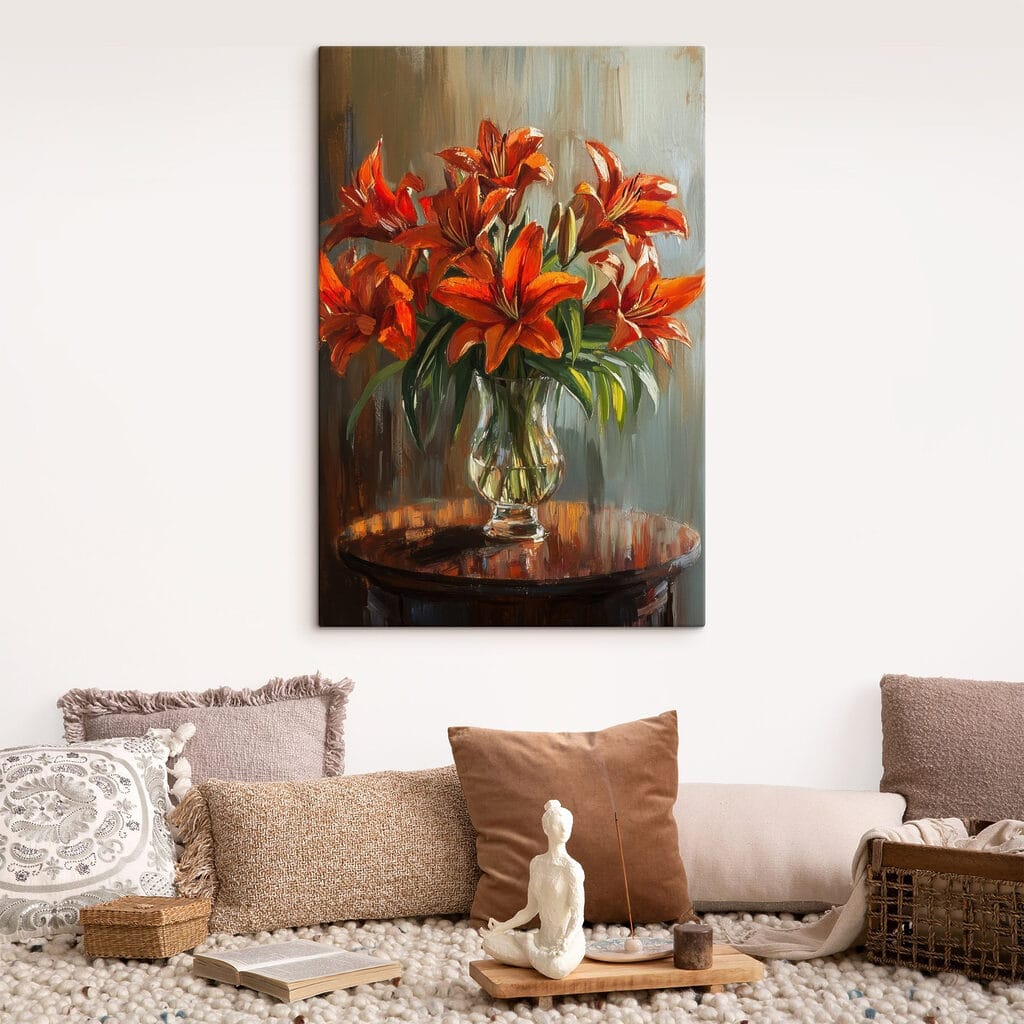 Painting of orange flowers in a glass vase Painting of orange flowers in a glass vase