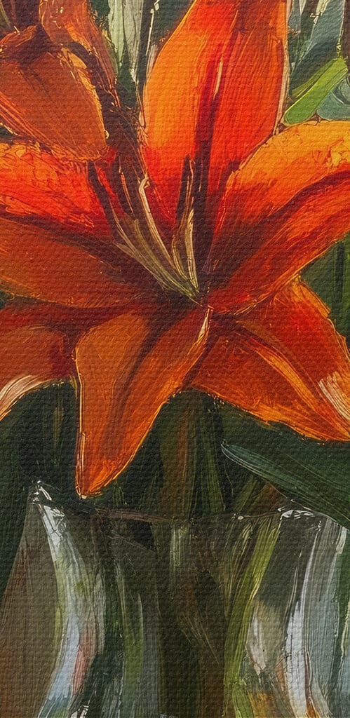Painting of orange flowers in a glass vase Painting of orange flowers in a glass vase