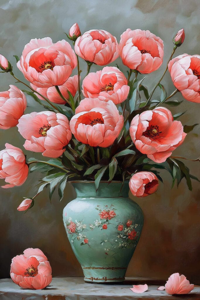 Painting of pink flowers in a vase Painting of pink flowers in a vase
