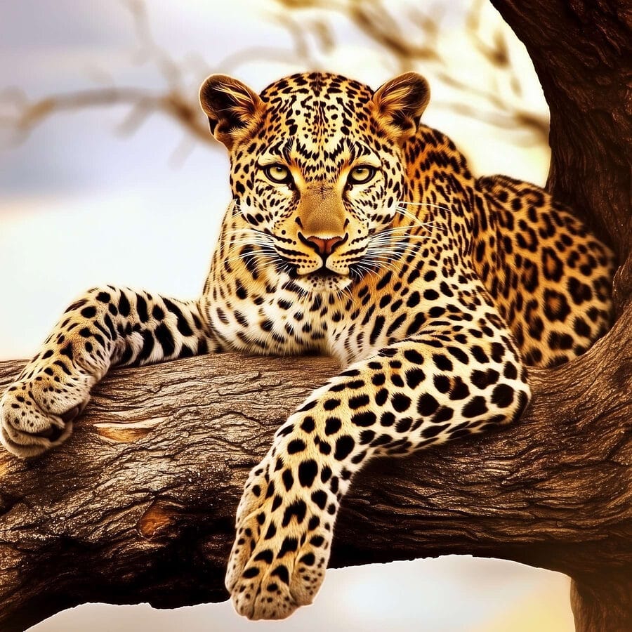 Leopard ležiaci na konári stromu