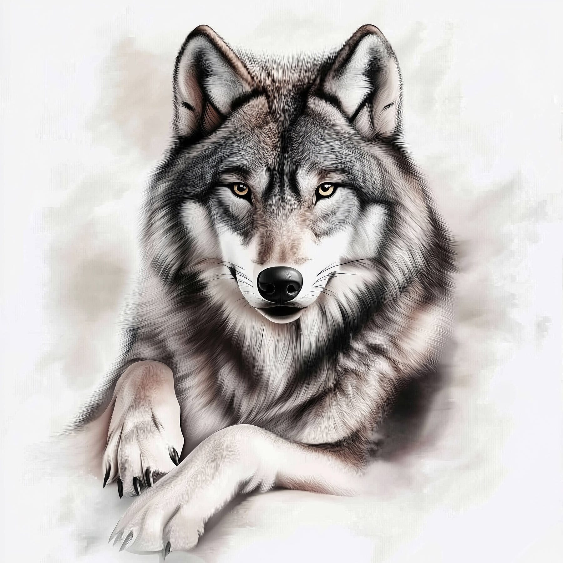 Wolf lying down looking at the camera