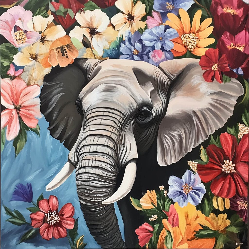 An elephant with tusks in a flower garden