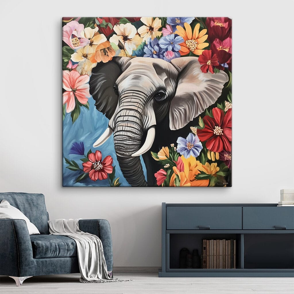 An elephant with tusks in a flower garden