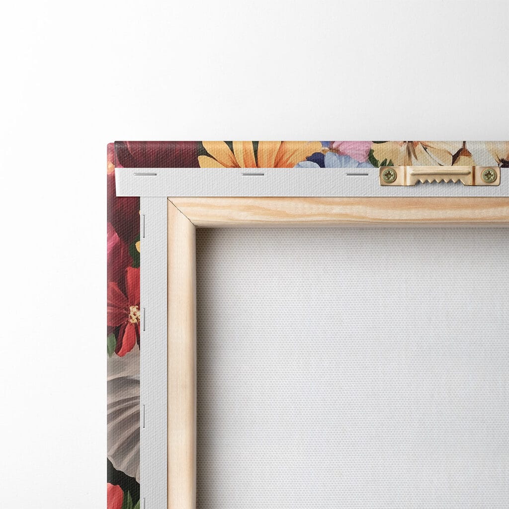 An elephant with tusks in a flower garden