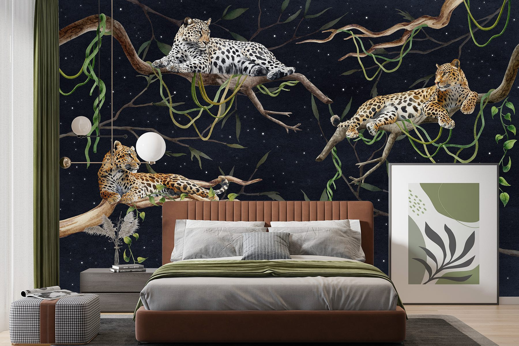 Group of leopards lying on branches