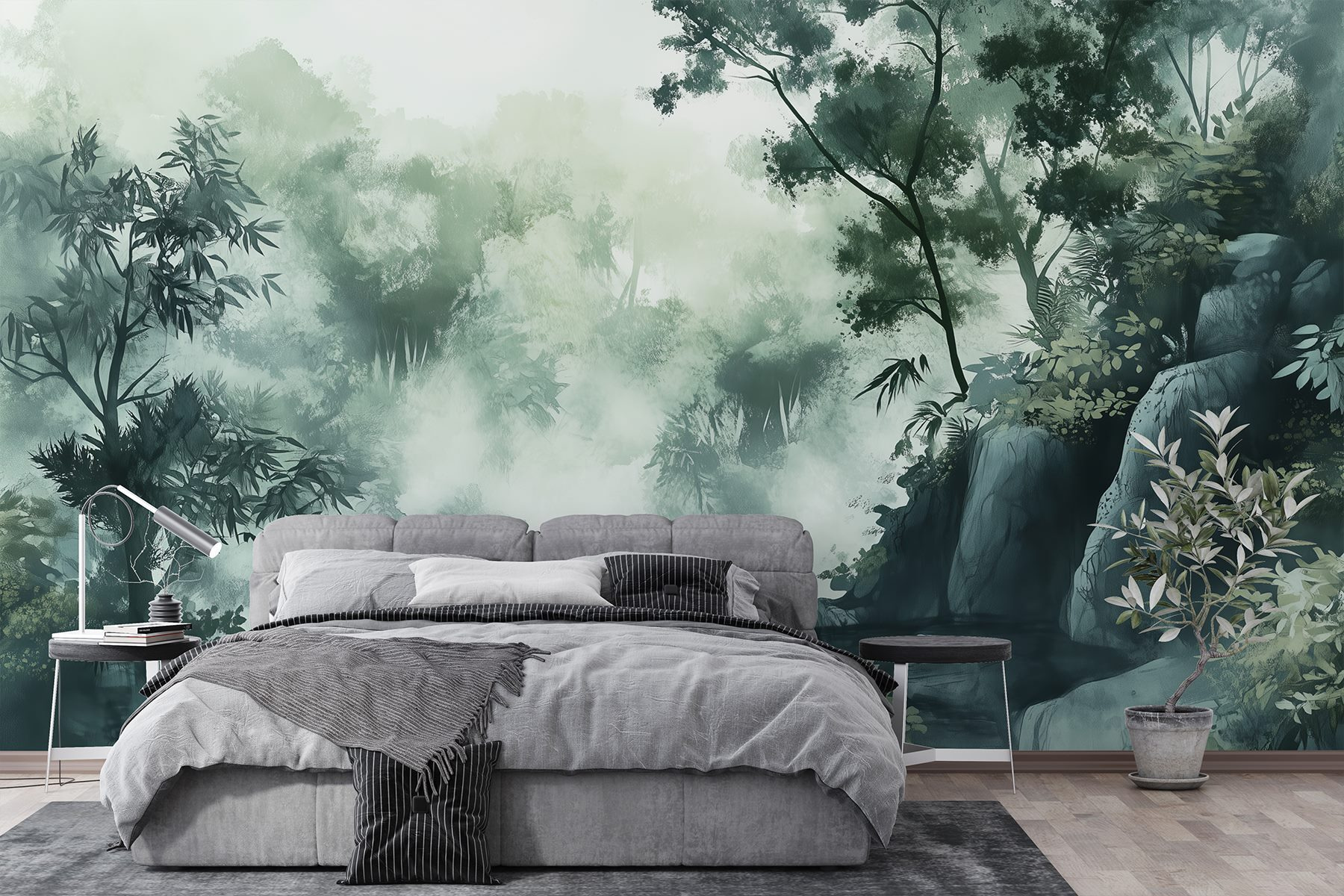 Foggy forest with trees and rocks Foggy forest with trees and rocks