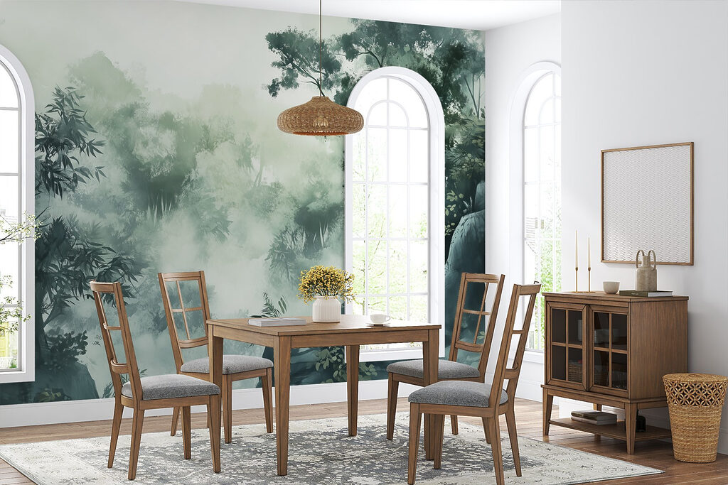 Foggy forest with trees and rocks Foggy forest with trees and rocks