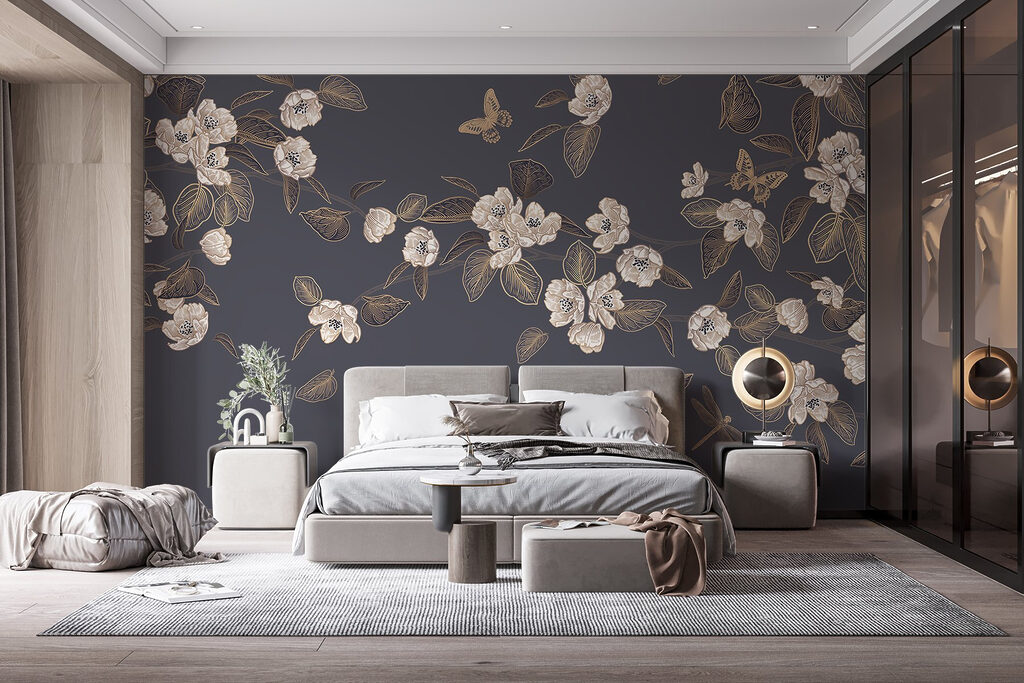 White flowers and leaves on a gray background White flowers and leaves on a gray background