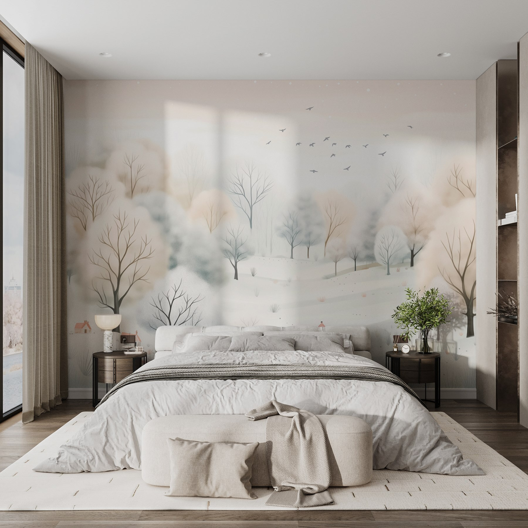 Snowy landscape with trees and birds Snowy landscape with trees and birds