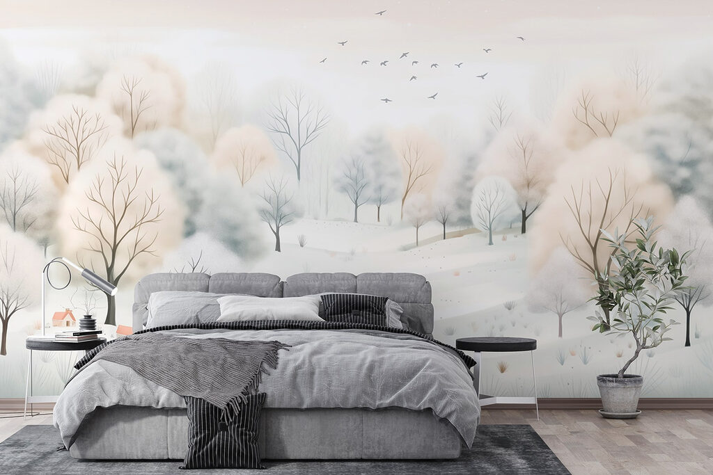 Snowy landscape with trees and birds Snowy landscape with trees and birds