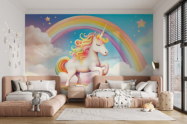 Unicorn with rainbow and clouds