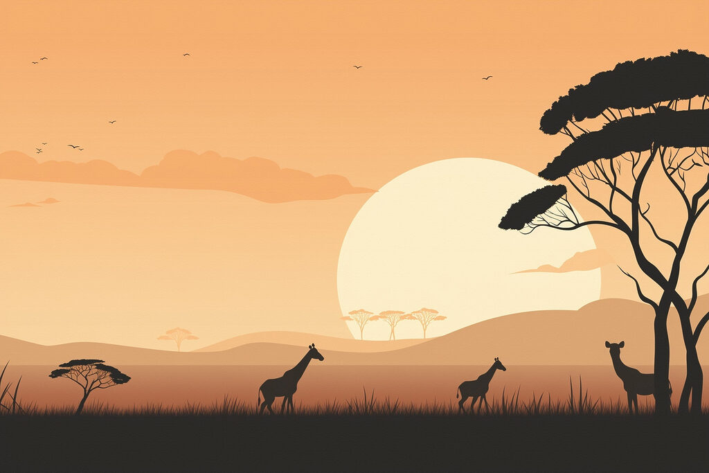 Giraffes walking in a grassy field with trees and a sunset Giraffes walking in a grassy field with trees and a sunset