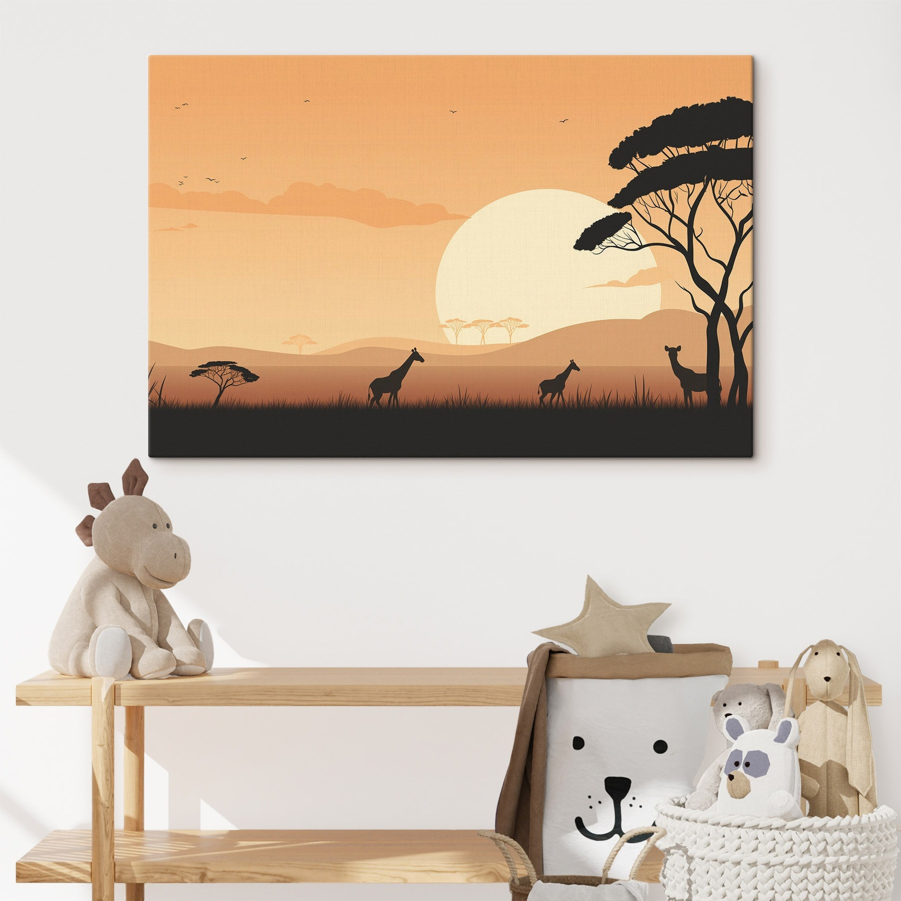 Giraffes walking in a grassy field with trees and a sunset Giraffes walking in a grassy field with trees and a sunset