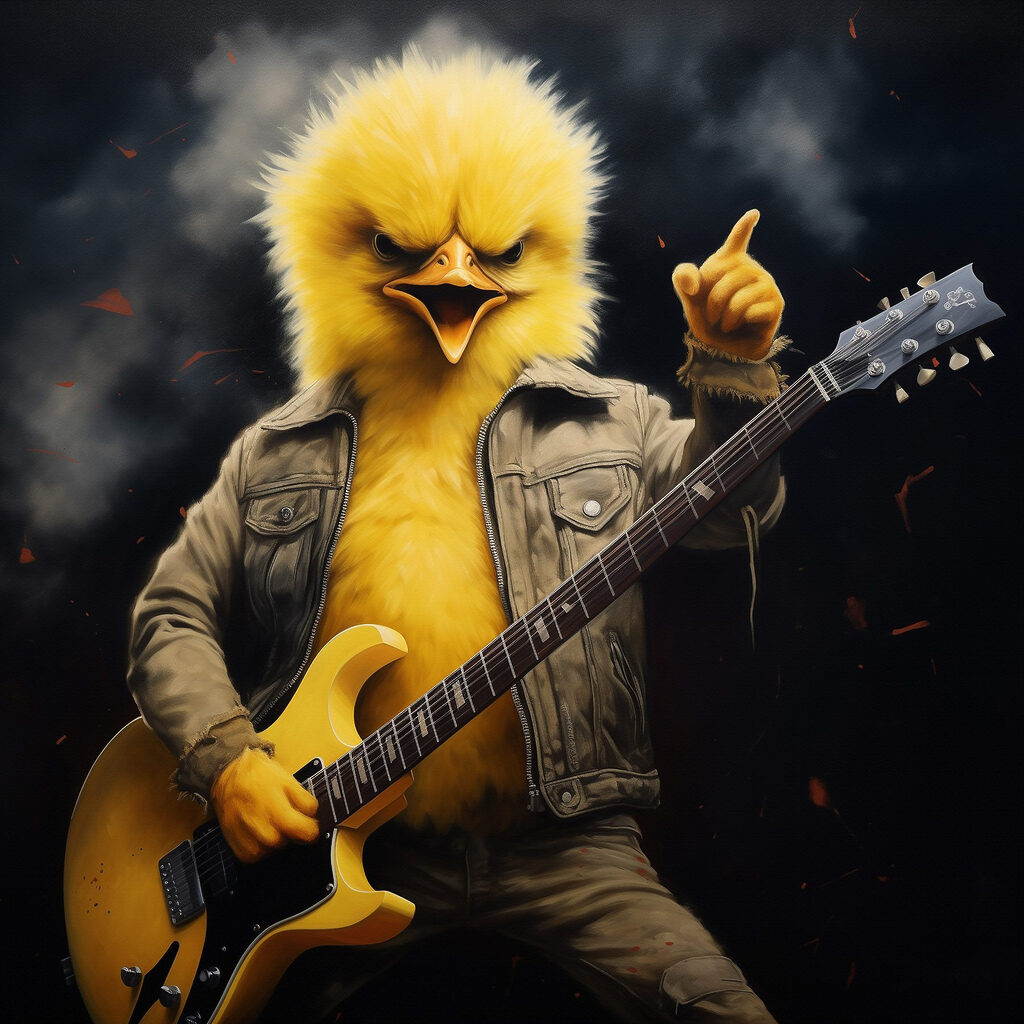 Person in a chicken garment playing a guitar Person in a chicken garment playing a guitar