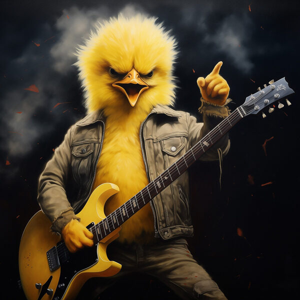 Person in a chicken garment playing a guitar Person in a chicken garment playing a guitar