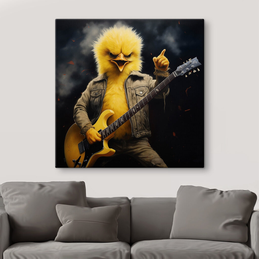 Person in a chicken garment playing a guitar Person in a chicken garment playing a guitar