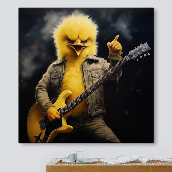 Person in a chicken garment playing a guitar Person in a chicken garment playing a guitar