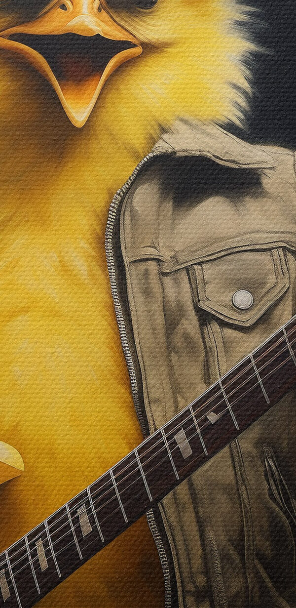 Person in a chicken garment playing a guitar Person in a chicken garment playing a guitar