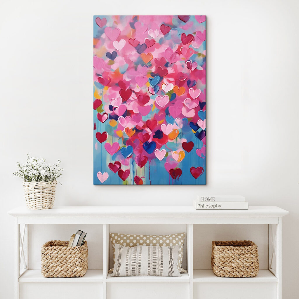 Painting of hearts on a blue background