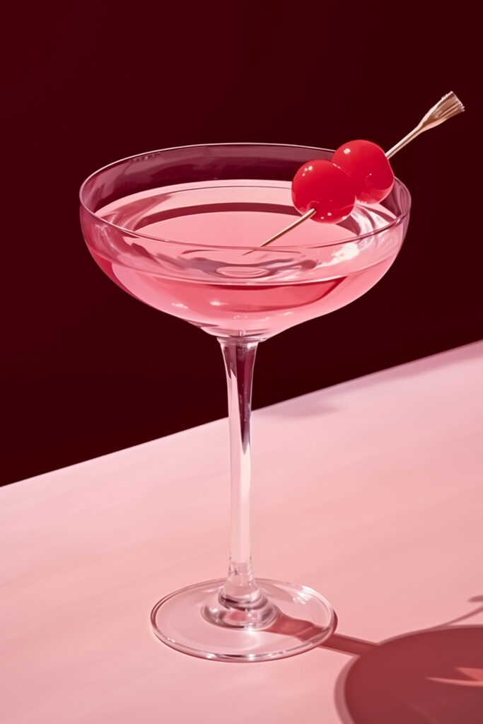 Glass with pink liquid and two cherries on it Glass with pink liquid and two cherries on it
