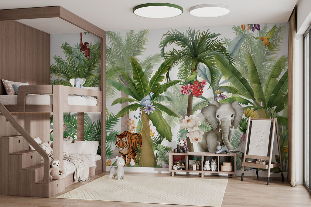 Wallpaper with animals and birds in the jungle Wallpaper with animals and birds in the jungle