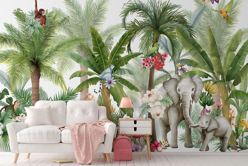 Wallpaper with animals and birds in the jungle Wallpaper with animals and birds in the jungle