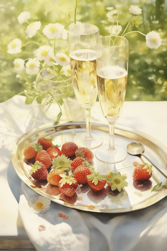 Tray of champagne and strawberries Tray of champagne and strawberries