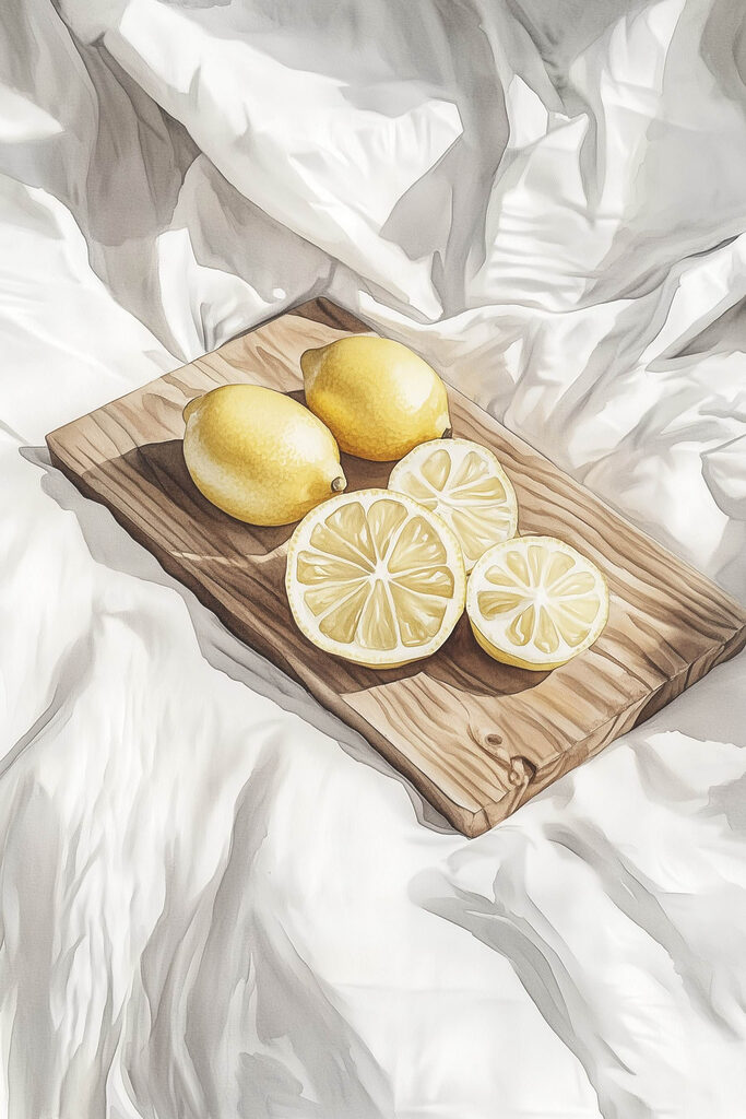 Lemons and slices on a wooden board