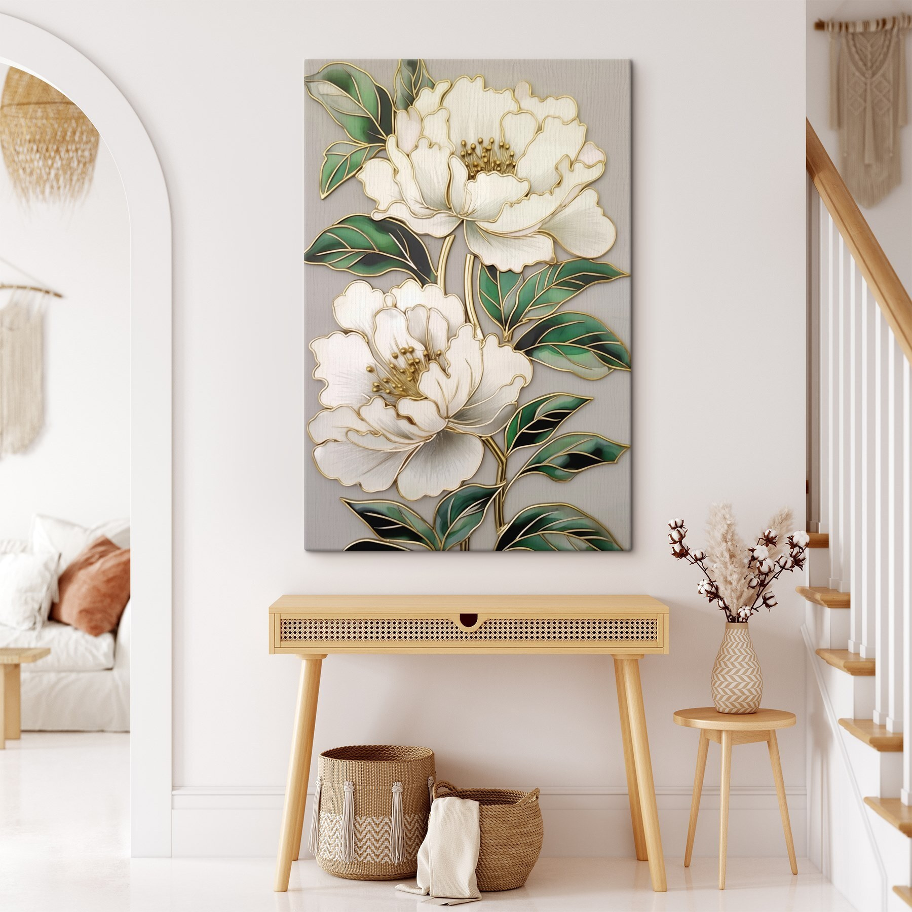 Elegant blooms framed by lush leaves Elegant blooms framed by lush leaves
