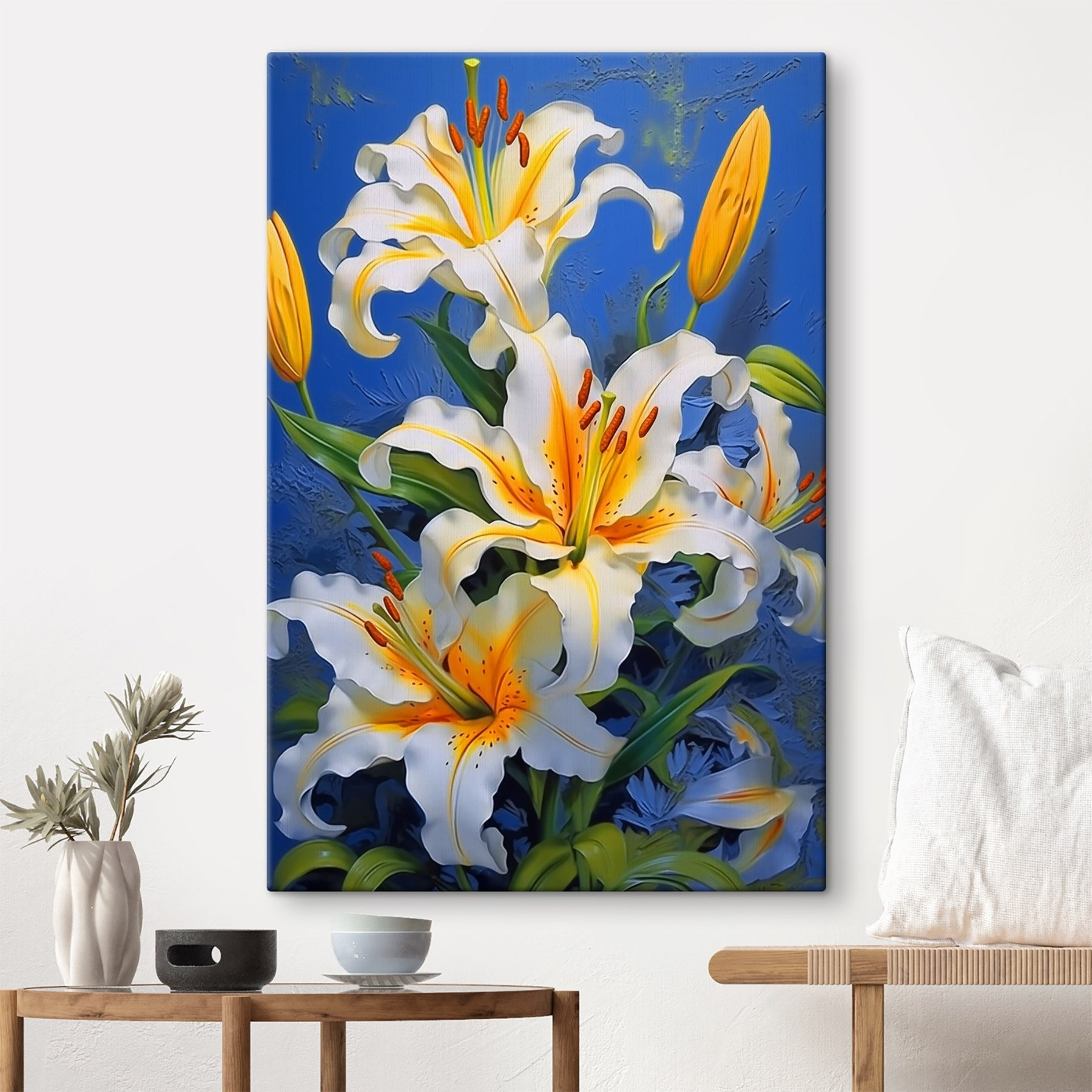 Vibrant lilies against a blue background