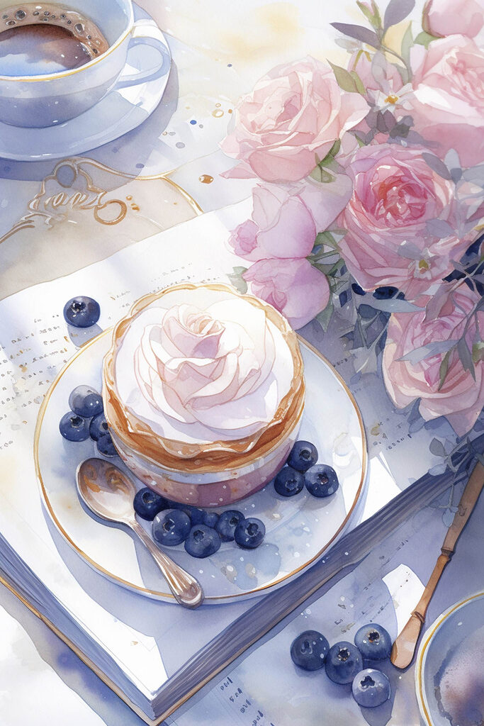 Watercolor painting of a dessert with a rose on top of a plate with blueberries and a spoon Watercolor painting of a dessert with a rose on top of a plate with blueberries and a spoon